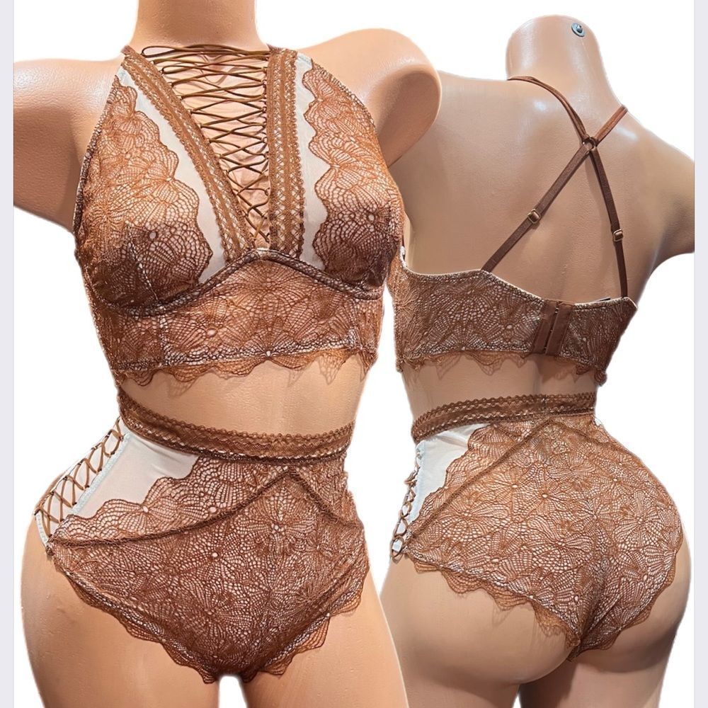 Victorias Secret set Very Sexy High Neck Lace up bralette bra ,High Waist Cheeky